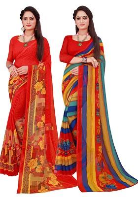 Red Printed Georgette Saree Set (Set Of 2)