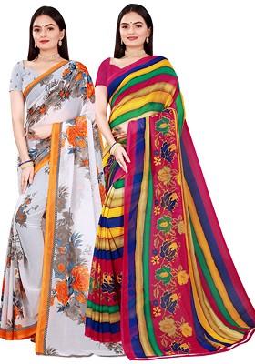 Pink Embroidered Georgette Saree Set (Set Of 2)