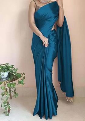 Turquoise Blue Embroidered Satin Saree Set