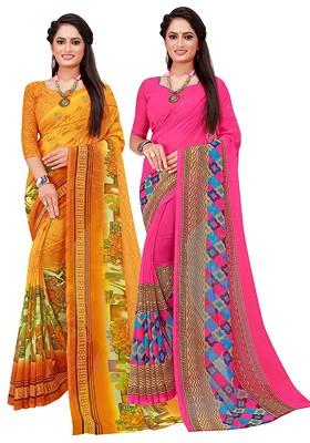 Yellow Embroidered Georgette Saree Set