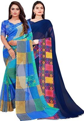 Navy Blue Geometric Print Georgette Saree Set (Set Of 2)
