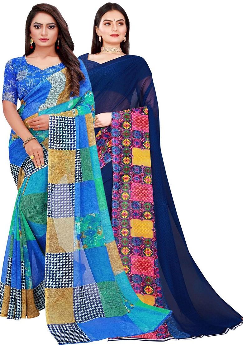 Navy Blue Geometric Print Georgette Saree Set (Set Of 2)