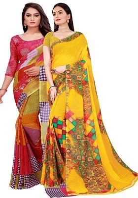 Yellow Embroidered Georgette Saree Set