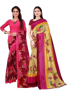 Beige Floral Georgette Saree Set