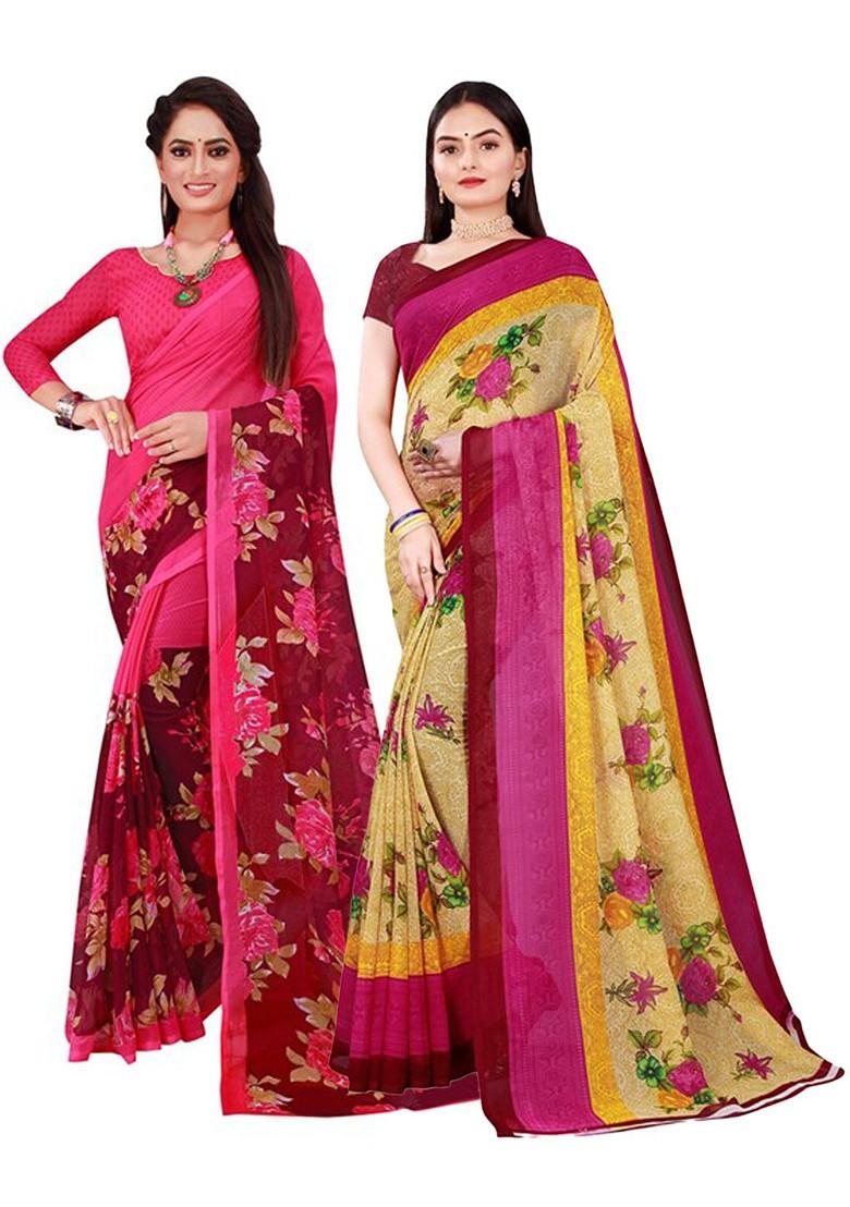 Beige Floral Georgette Saree Set