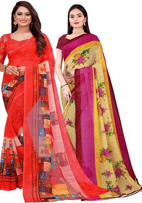 Red Floral Georgette Saree Set (Set Of 2)
