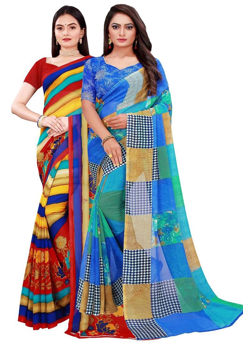 Multi Embroidered Georgette Saree Set (Set Of 2)