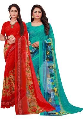 Turquoise Blue Floral Georgette Saree Set (Set Of 2)