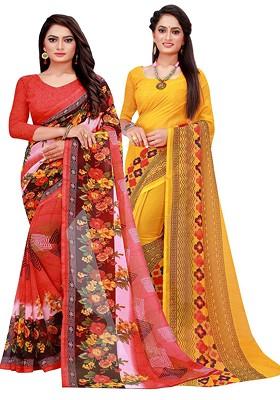 Red Embroidered Georgette Saree Set (Set Of 2)