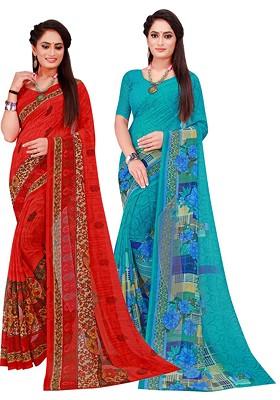 Turquoise Blue Floral Georgette Saree Set (Set Of 2)