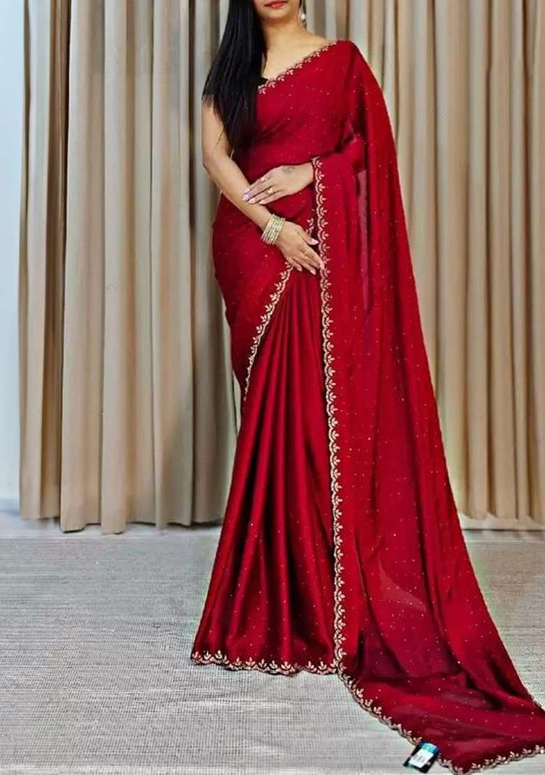 Red Embellished Georgette Saree Set for Diwali and Festive Wear - Indya