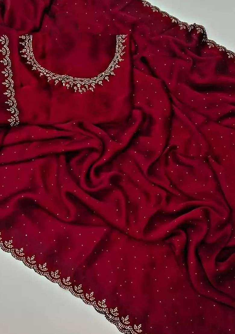 Red Embellished Georgette Saree Set for Diwali and Festive Wear - Indya