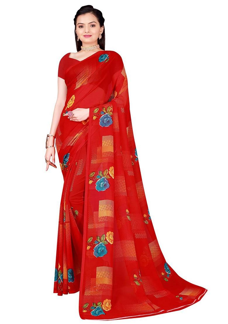 Red Floral Georgette Saree Set