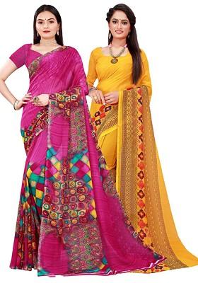 Magenta Floral Georgette Saree Set (Set Of 2)