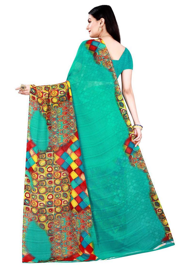 Turquoise Blue Printed Georgette Saree Set