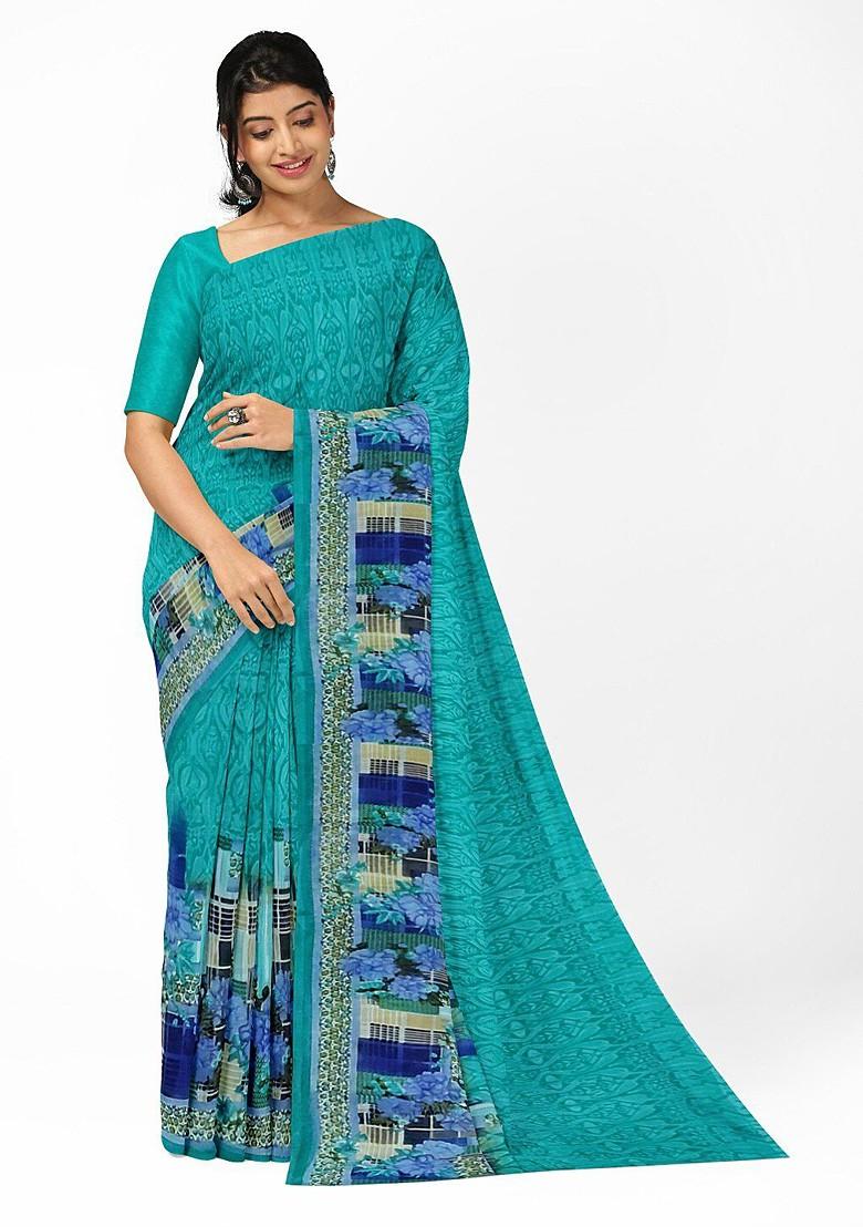 Teal Green Floral Georgette Saree Set