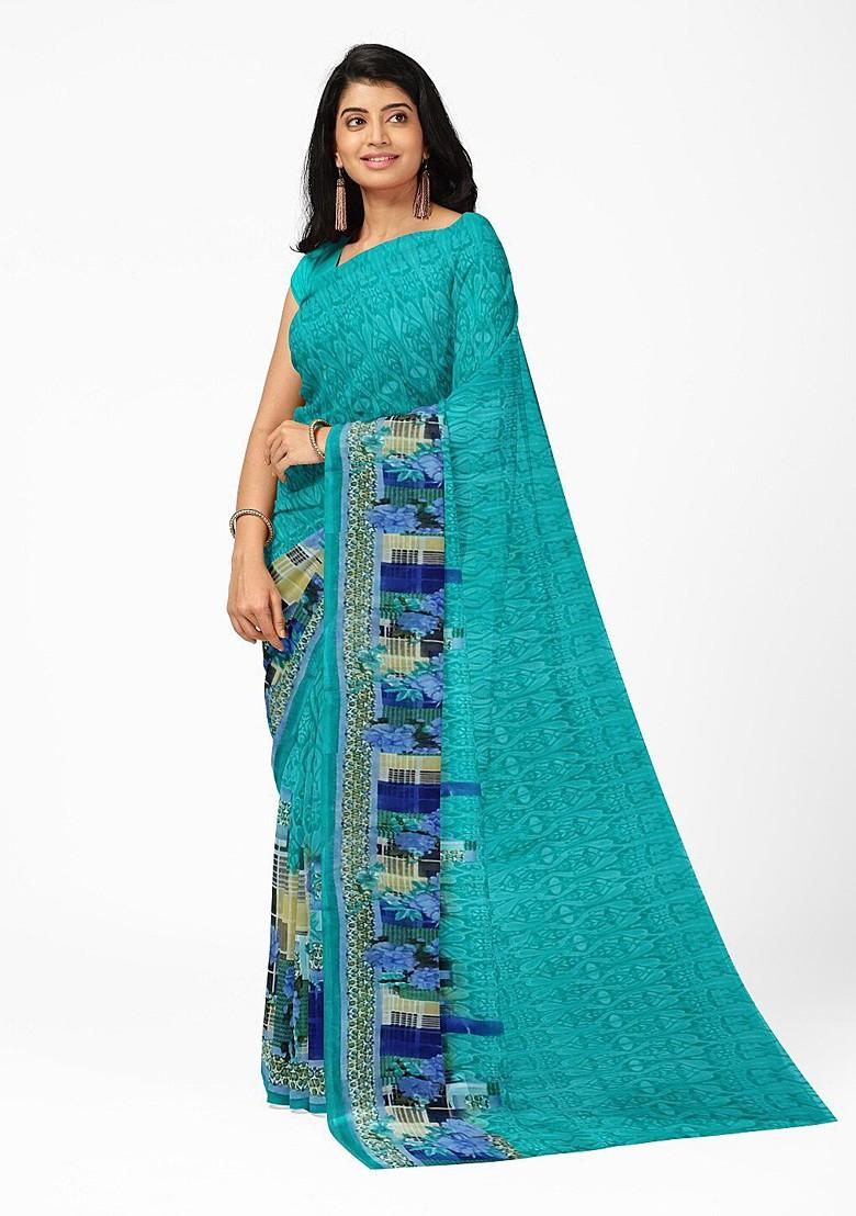 Teal Green Floral Georgette Saree Set
