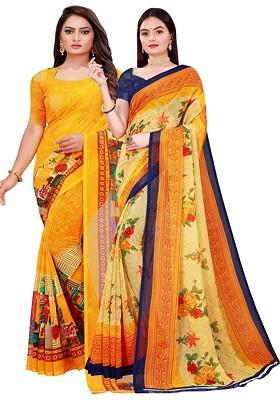Beige Floral Georgette Saree Set (Set Of 2)