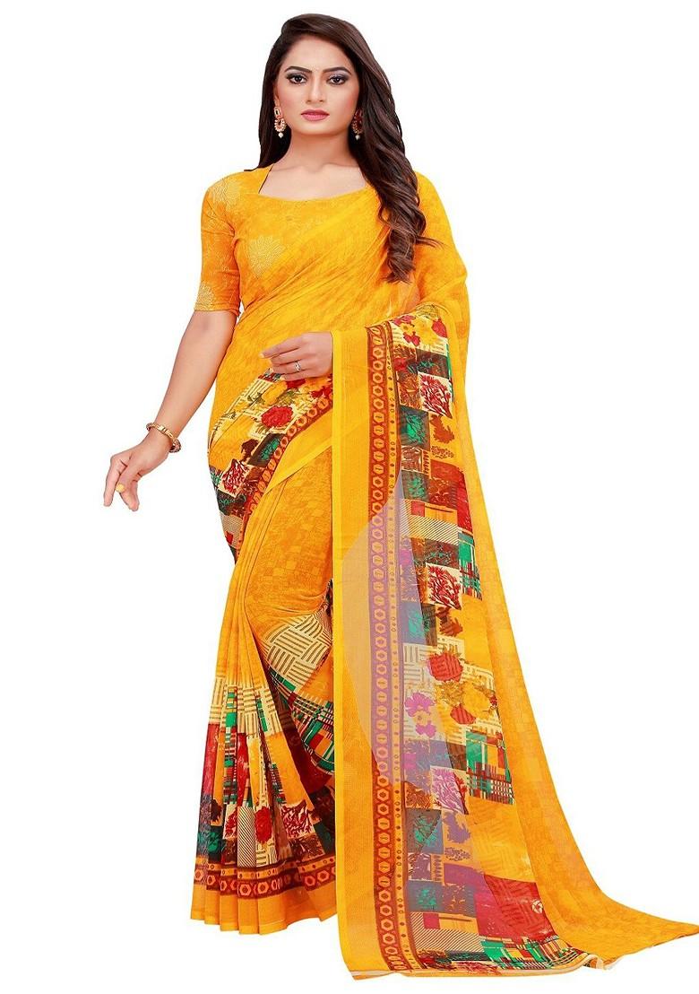 Beige Floral Georgette Saree Set (Set Of 2)