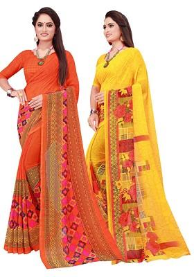 Yellow Embroidered Georgette Saree Set (Set Of 2)