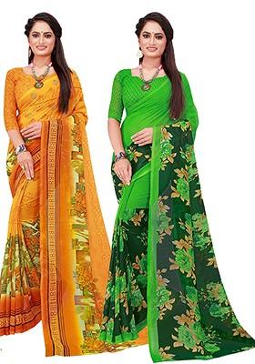 Yellow Floral Georgette Saree Set (Set Of 2)