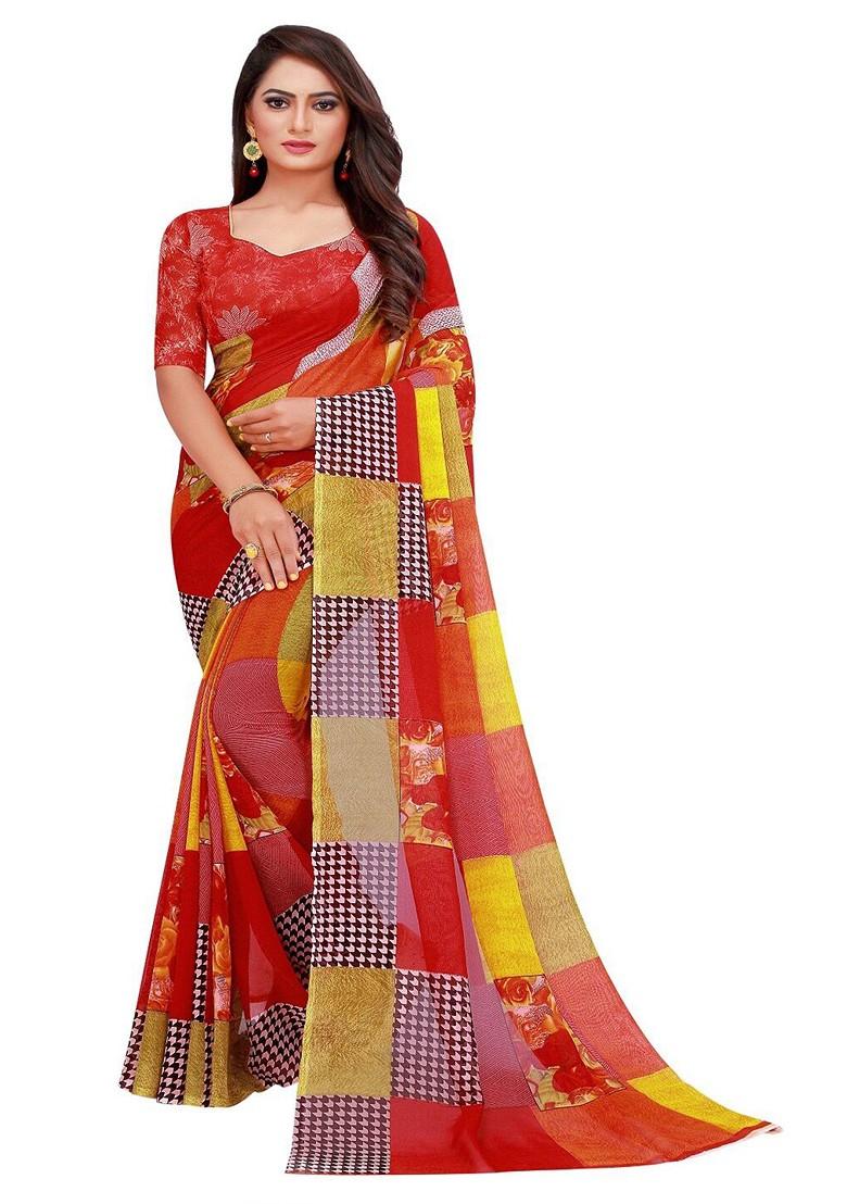 Brown Embroidered Georgette Saree Set (Set Of 2)