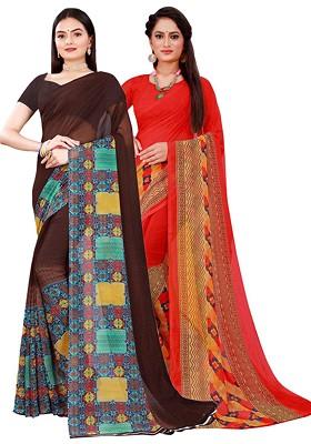 Brown Floral Georgette Saree Set (Set Of 2)