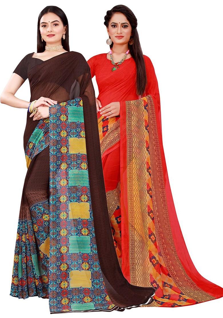 Brown Floral Georgette Saree Set (Set Of 2)