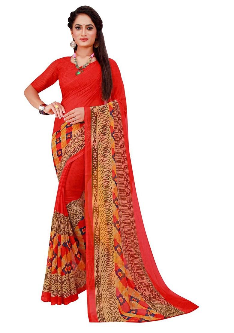 Brown Floral Georgette Saree Set (Set Of 2)