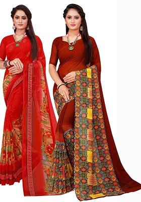 Red Embroidered Georgette Saree Set (Set Of 2)