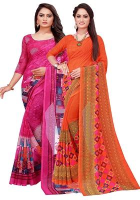 Magenta Printed Georgette Saree Set (Set Of 2)