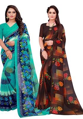 Turquoise Blue Floral Georgette Saree Set (Set Of 2)