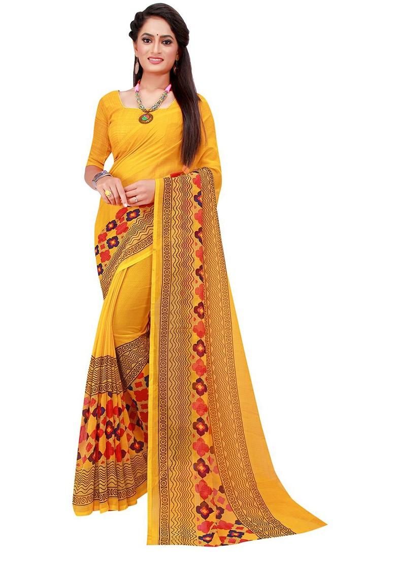 Yellow Embroidered Georgette Saree Set (Set Of 2)