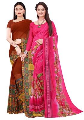 Brown Embroidered Georgette Saree Set (Set Of 2)