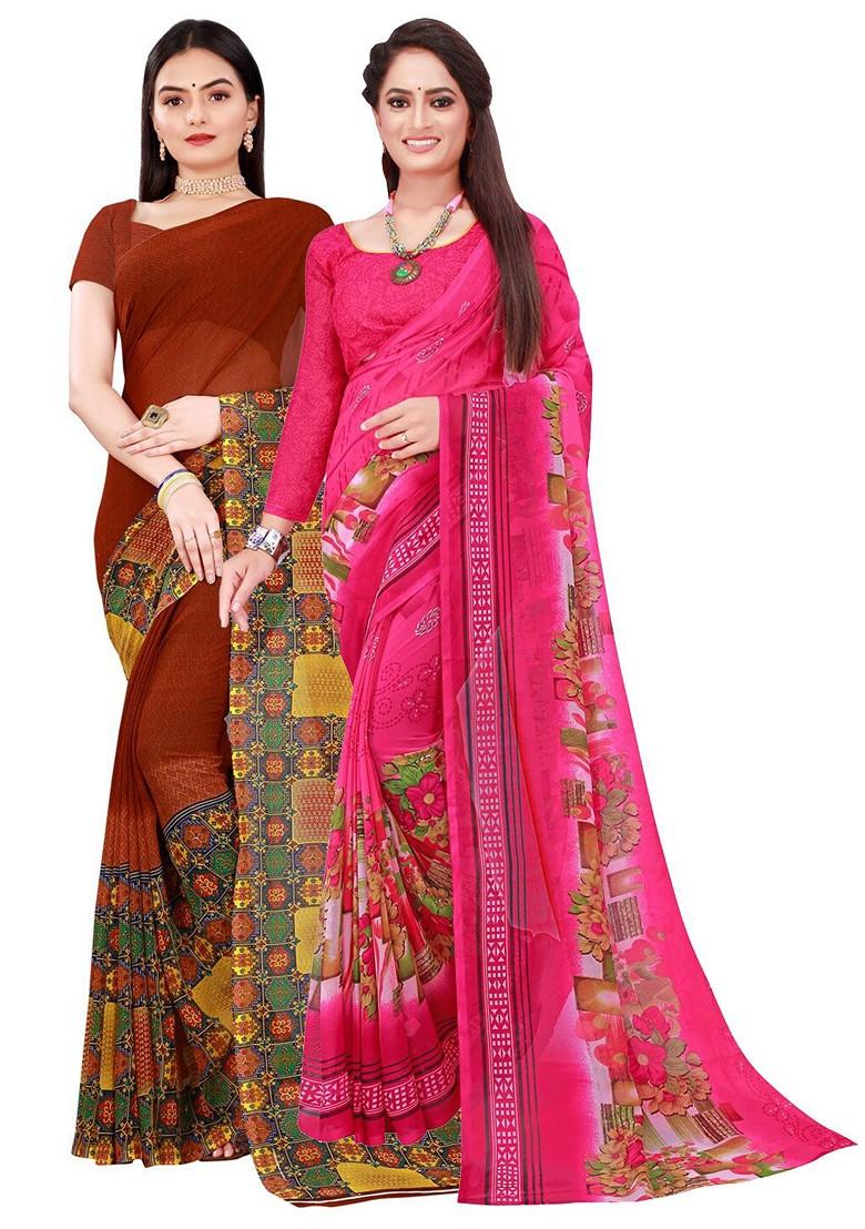 Brown Embroidered Georgette Saree Set (Set Of 2)