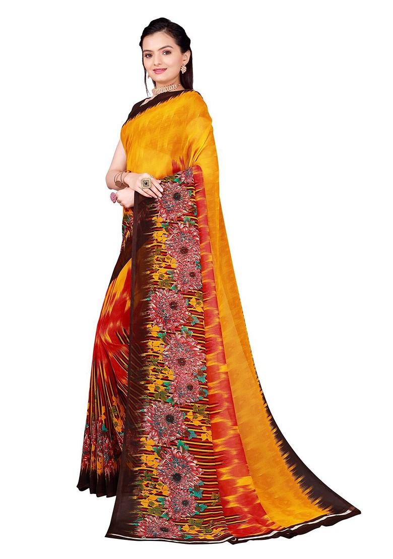 Yellow Floral Poly Blend Saree Set