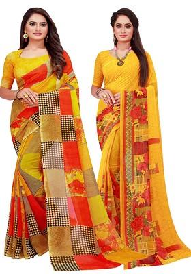 Yellow Printed Georgette Saree Set