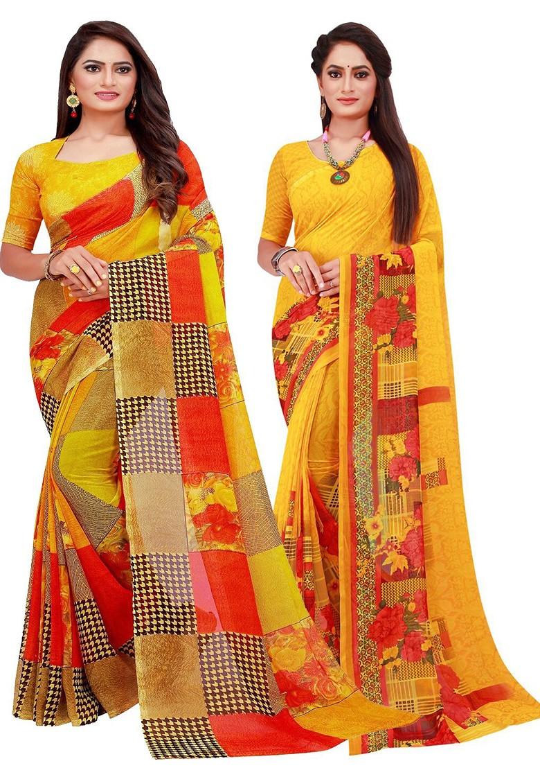 Yellow Printed Georgette Saree Set
