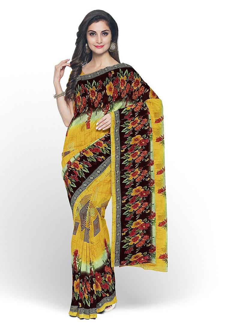 Yellow Floral Georgette Saree Set