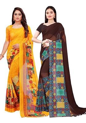 Brown Embroidered Georgette Saree Set