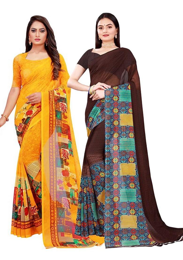Brown Embroidered Georgette Saree Set
