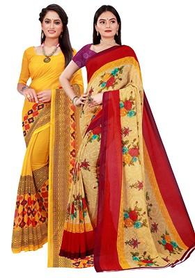 Yellow Embroidered Georgette Saree Set (Set Of 2)