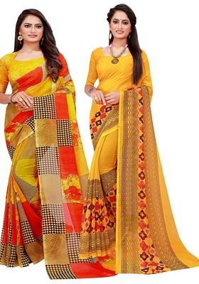 Yellow Embroidered Georgette Saree Set (Set Of 2)