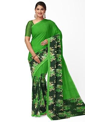 Green Floral Georgette Saree Set