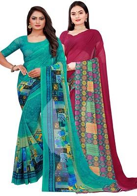 Green Floral Georgette Saree Set (Set Of 2)