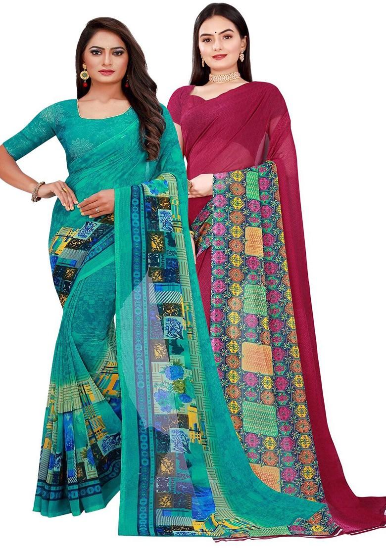 Green Floral Georgette Saree Set (Set Of 2)