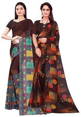 Brown Embroidered Georgette Saree Set (Set Of 2)