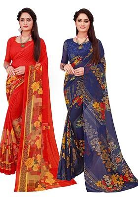 Red Embroidered Georgette Saree Set (Set Of 2)