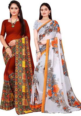 White Floral Georgette Saree Set