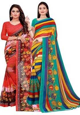 Red Floral Georgette Saree Set (Set Of 2)